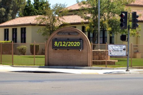 Lemoore High School's electronic sign announces the first day of school as district begins innovate distance learning instruction.